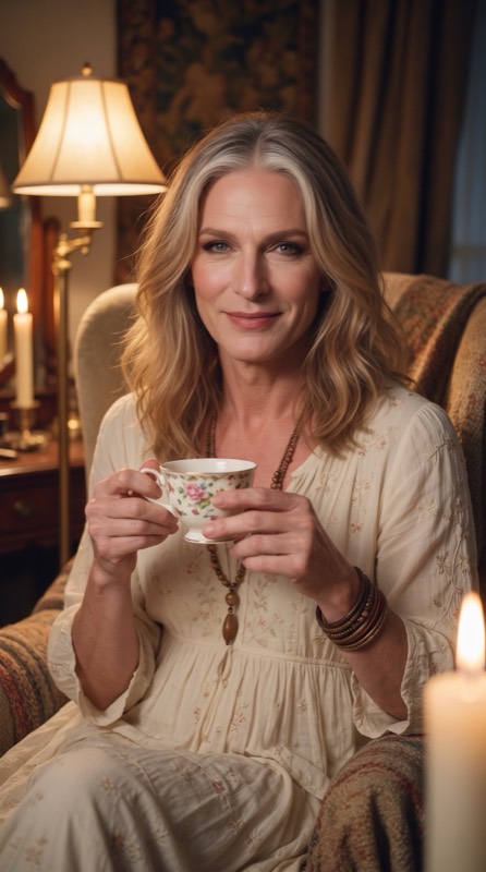 Stevie, holding a teacup in her quiet study
